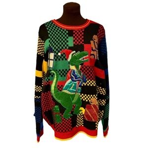 Dinosaur Men’s Christmas Sweater Dancing T-Rex Dino Santa, size Large